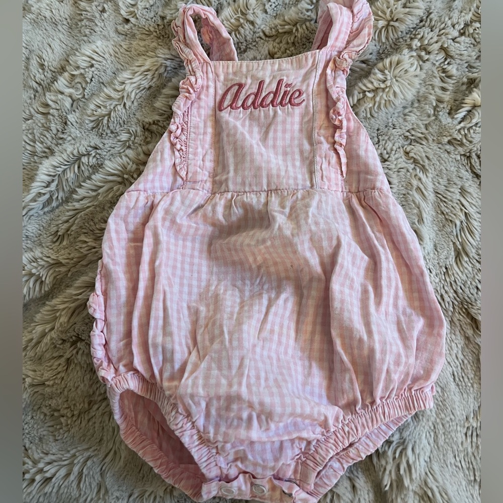 Ruffle Butts Pink Gingham Baby Romper with “Addie” monogram 12-18m